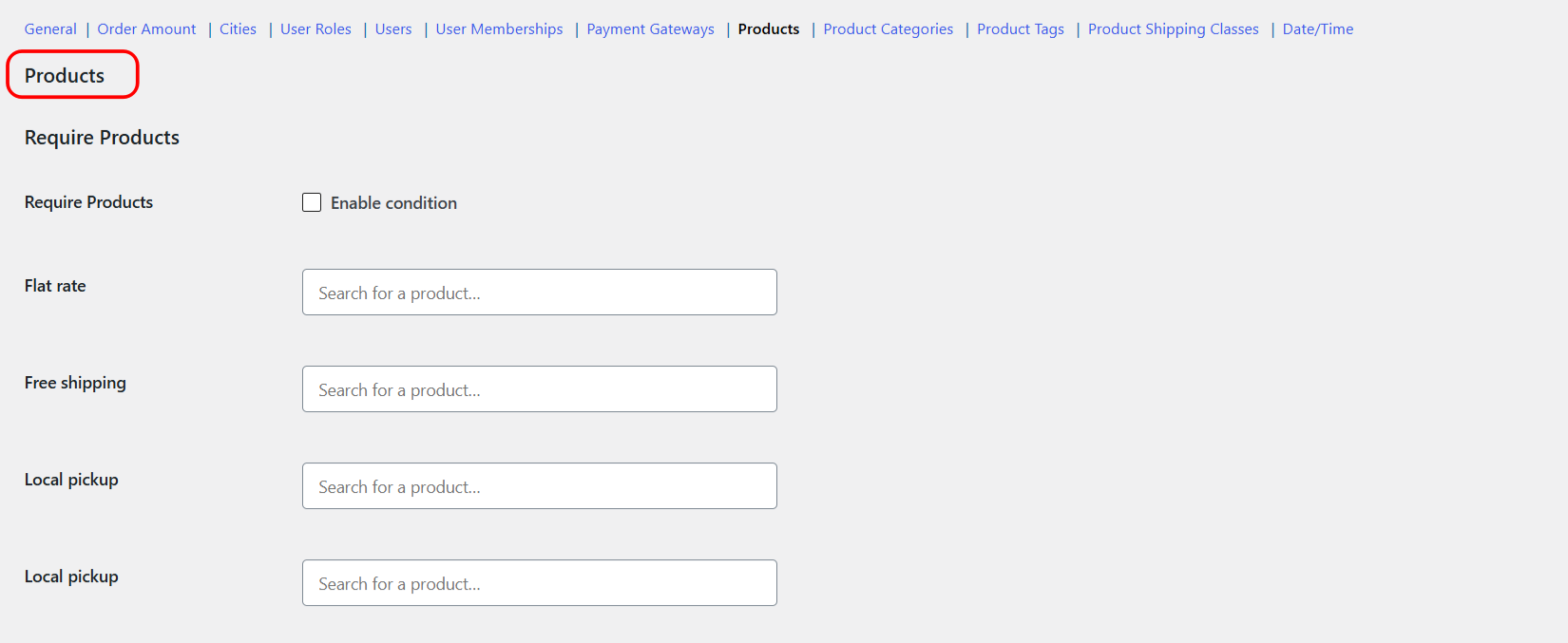 Products condition section in Conditional Shipping settings, searching and selecting products per shipping method