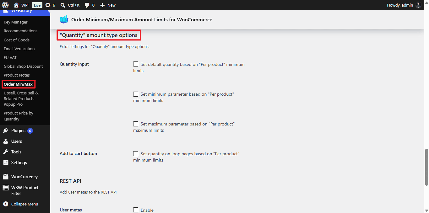Quantity amount type options in Order Minimum/Maximum Amount Limits for WooCommerce