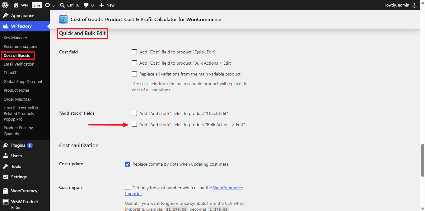 Quick and Bulk Edit section of the Cost of Goods settings, with the Add stock fields options