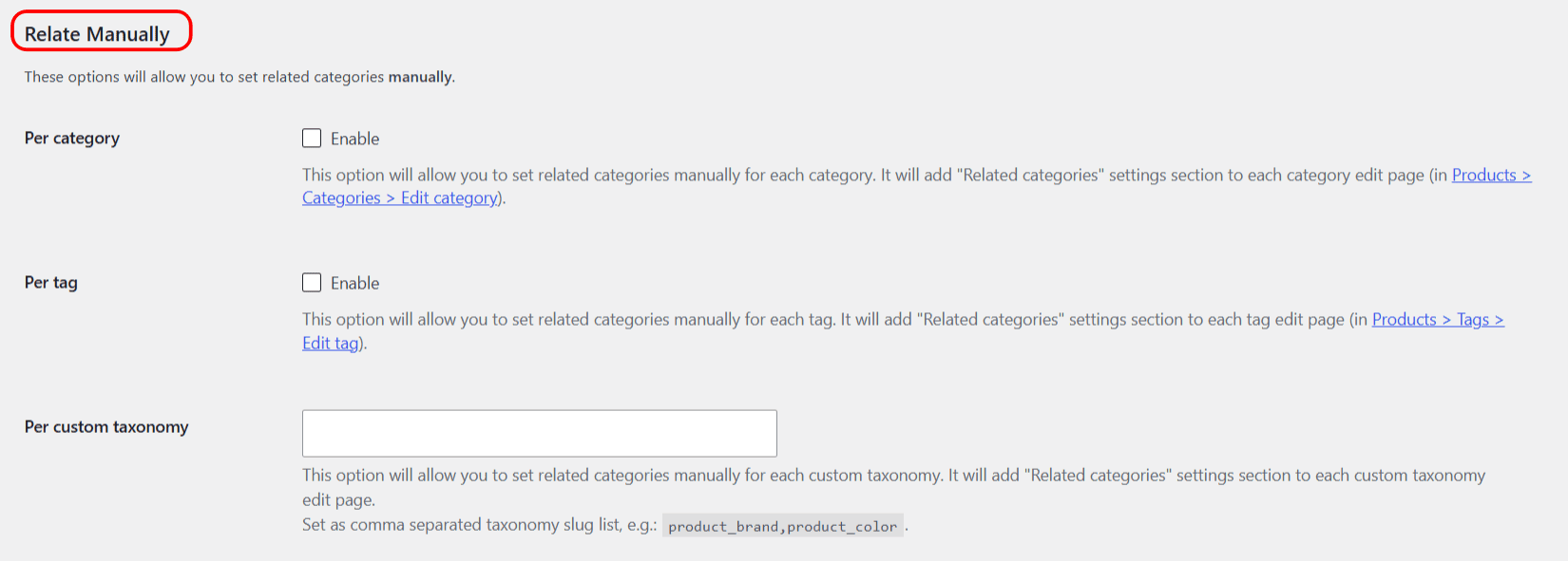 Relate Manually options for Related Categories for WooCommerce: Per category, Per tag, Per custom taxonomy