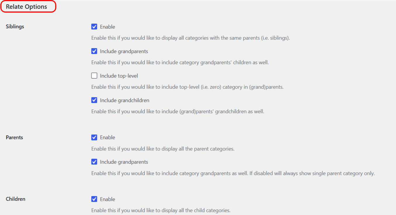 Relate Options for Related Categories for WooCommerce: Siblings, Parents and Children