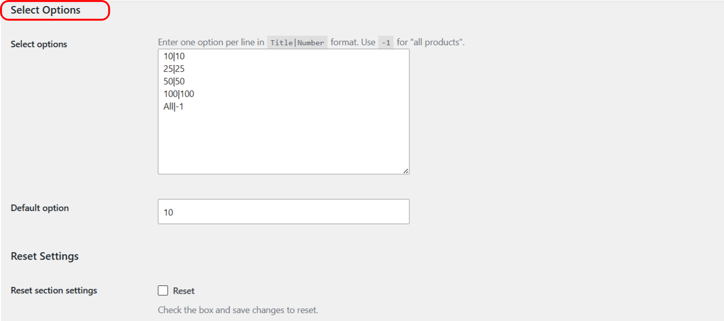 Products per Page Select options and default value