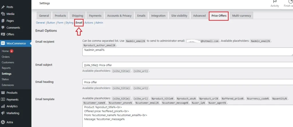 How WooCommerce Lets Customers Enter Their Price - Set Email Settings