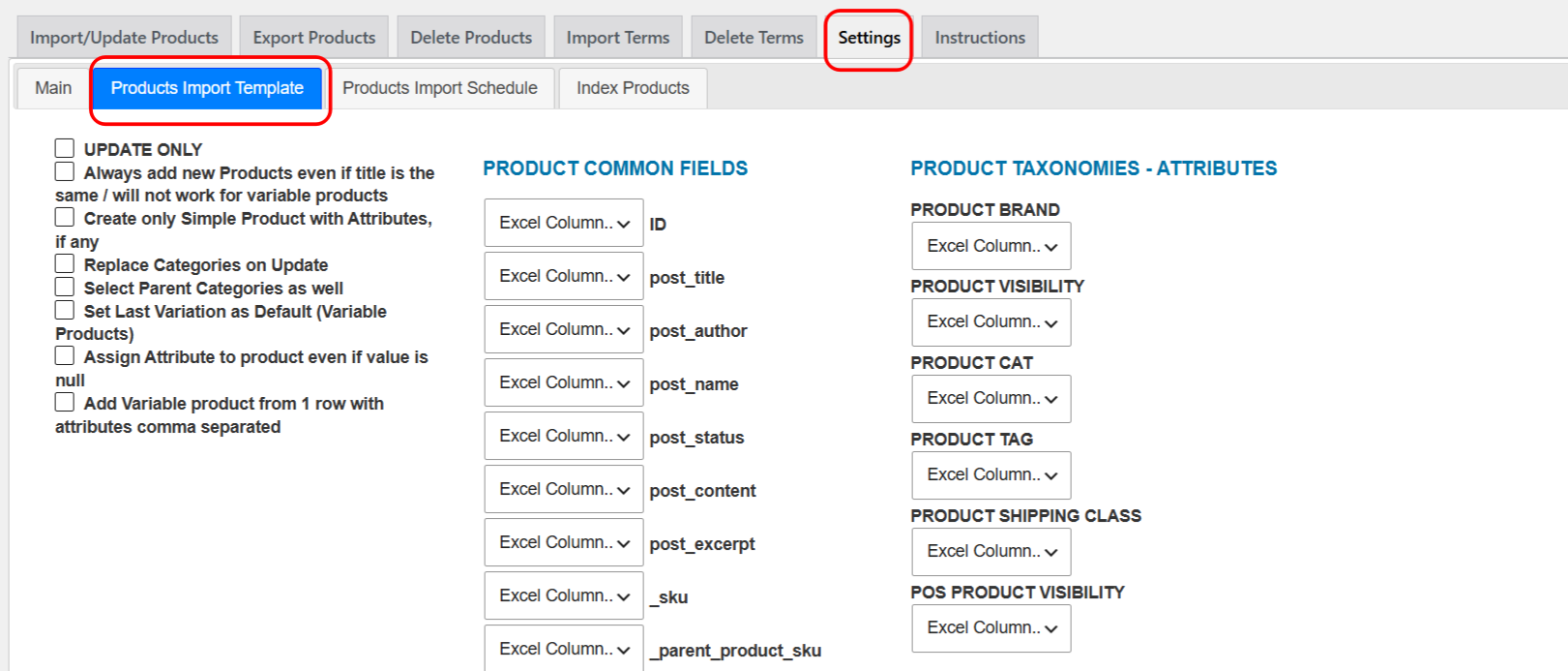 The Products Import Template sub-tab mapping column letters to fields