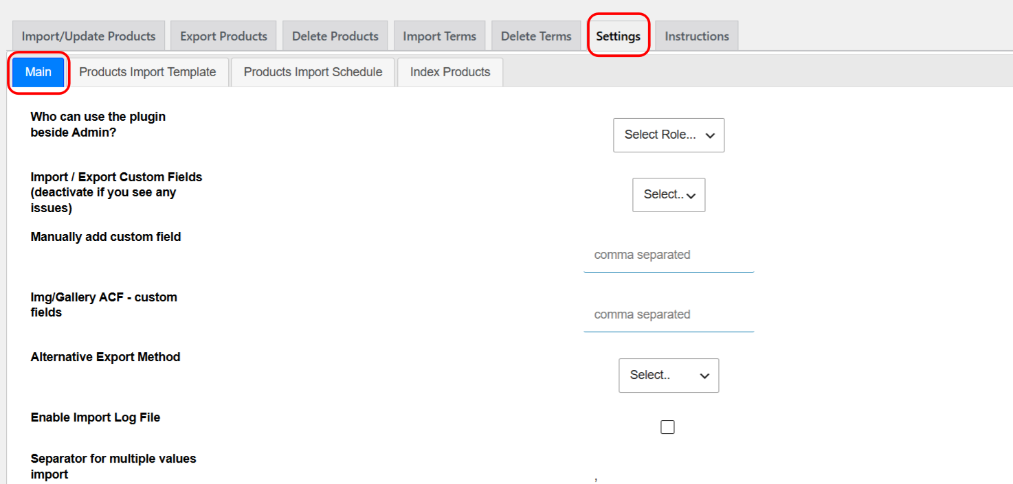 The Settings Main sub-tab with the global options