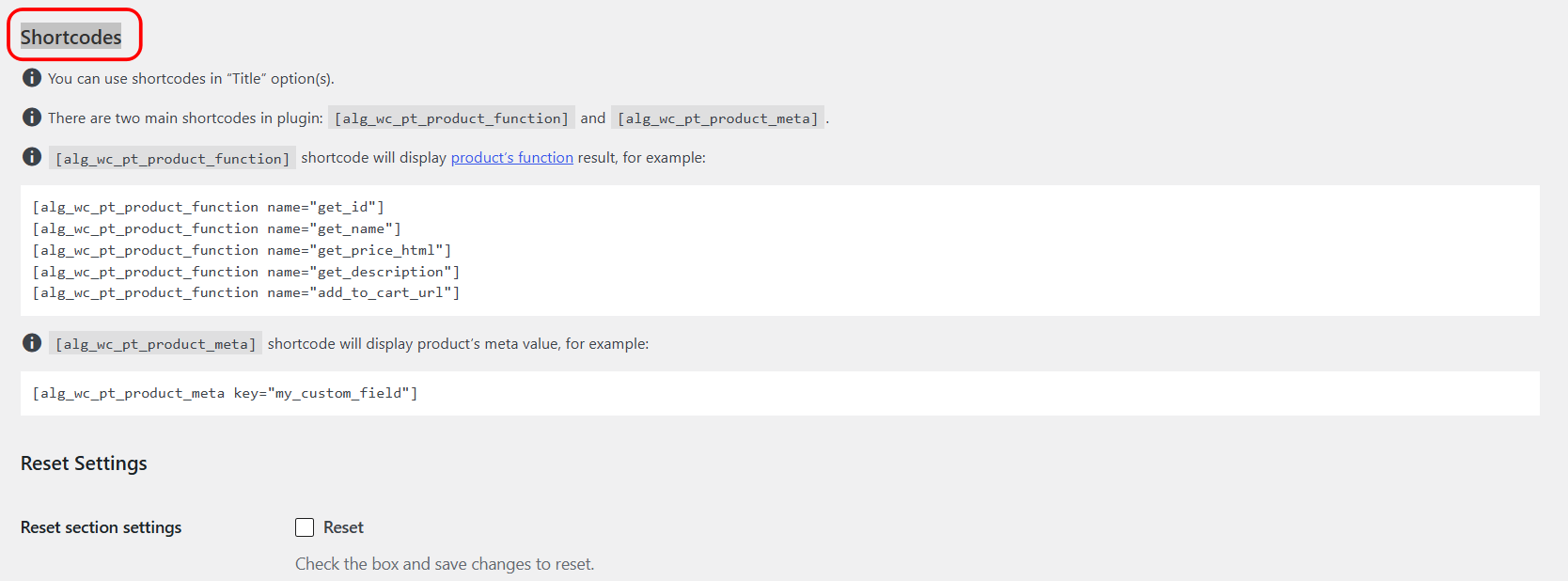 Shortcodes notes shown in the Product Tabs settings
