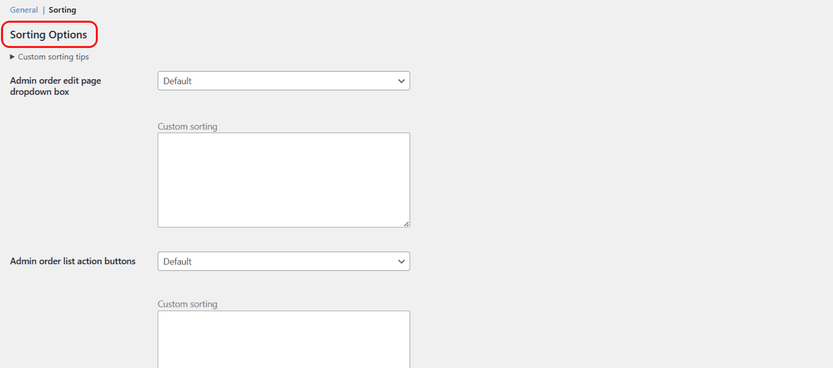 Sorting Options section for order statuses