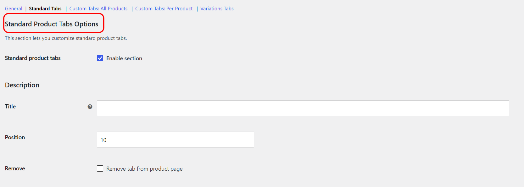 Standard Product Tabs Options screen with title, position and remove settings