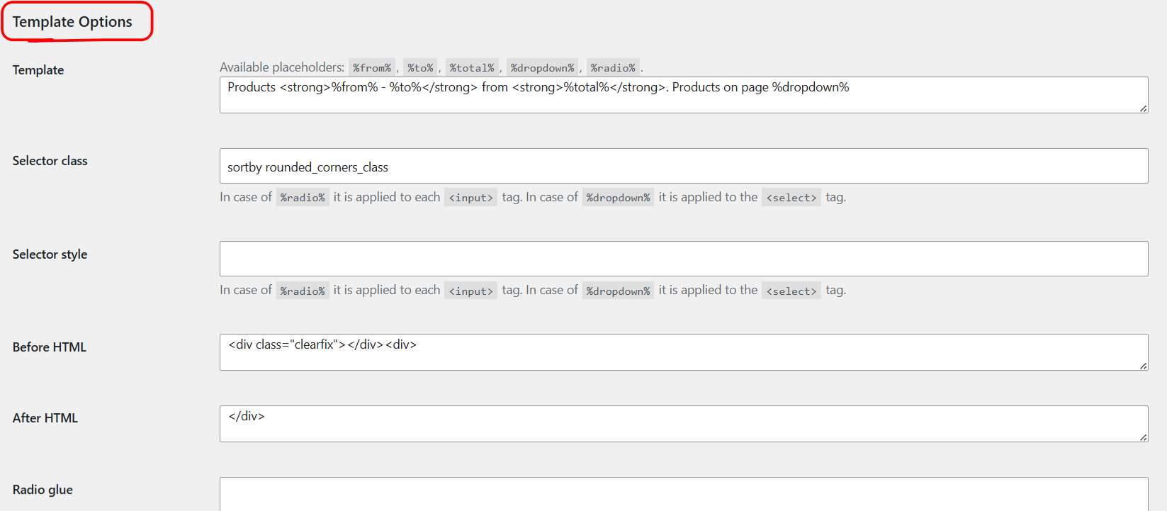 Products per Page Template options and placeholders
