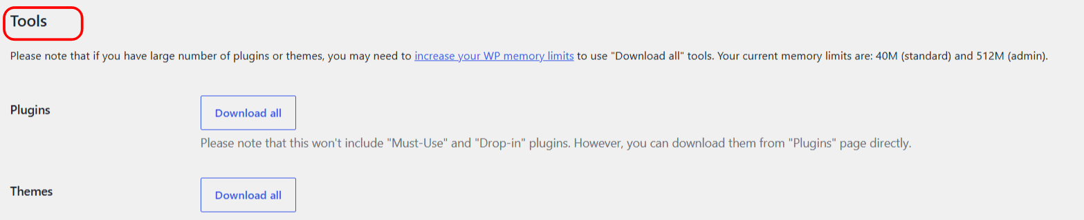 Tools section with Download all buttons for plugins and themes