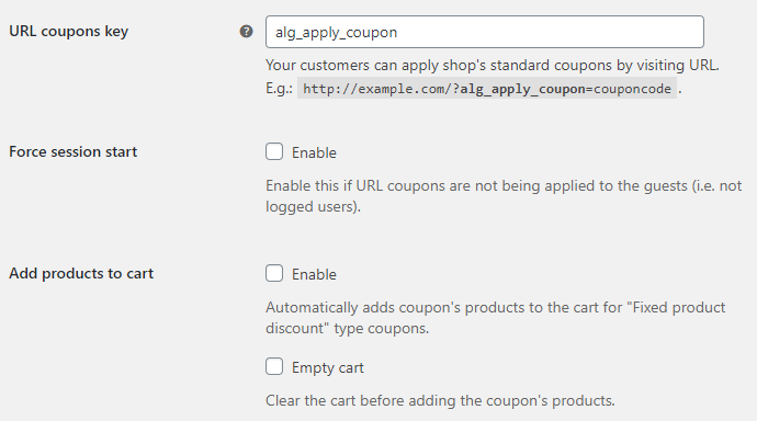 URL Coupons for WooCommerce General Options