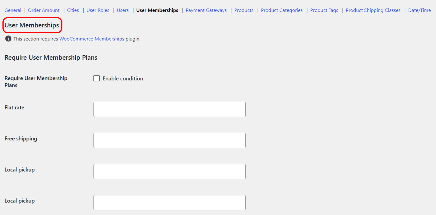 User Memberships condition section in Conditional Shipping settings, selecting membership plans per shipping method