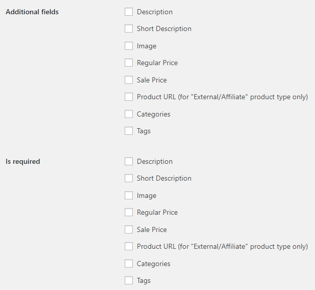 User Products for WooCommerce - Admin Settings - Fields Options