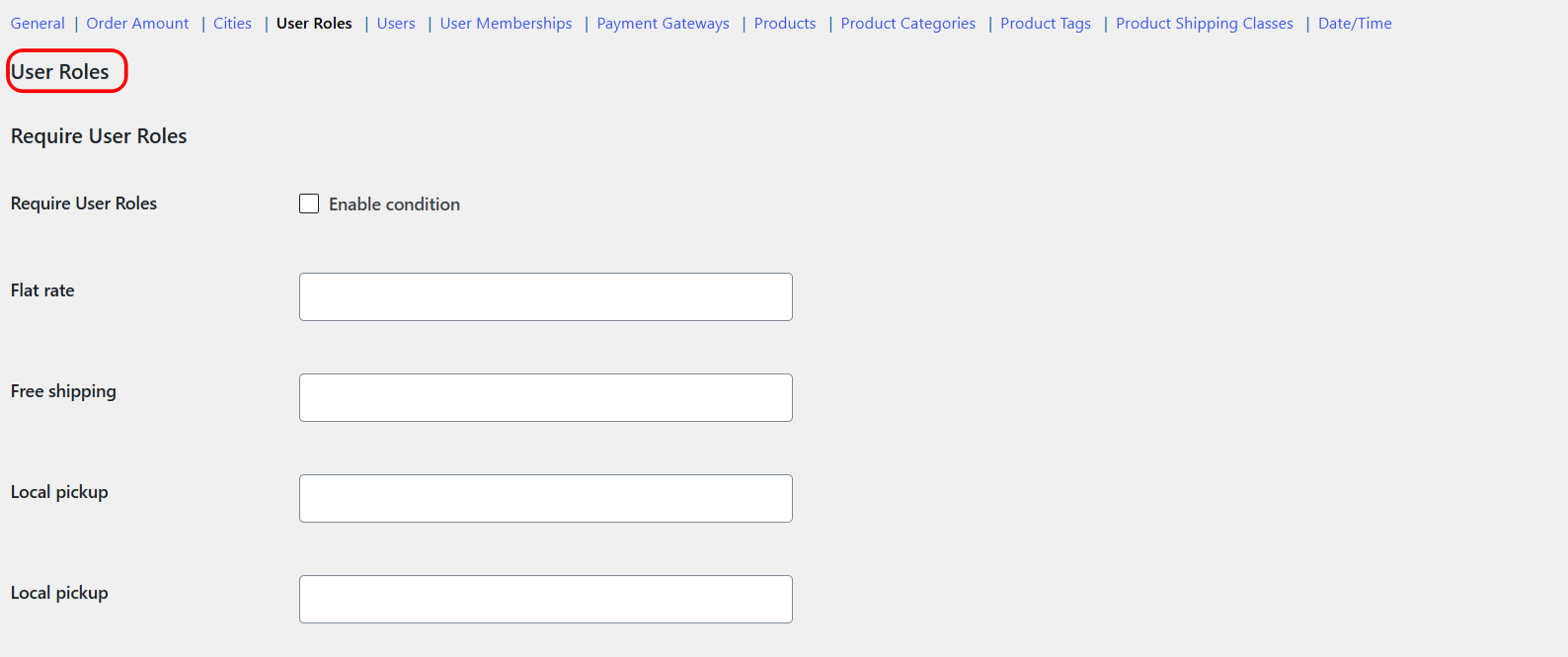 Require User Roles condition settings in Conditional Shipping for WooCommerce