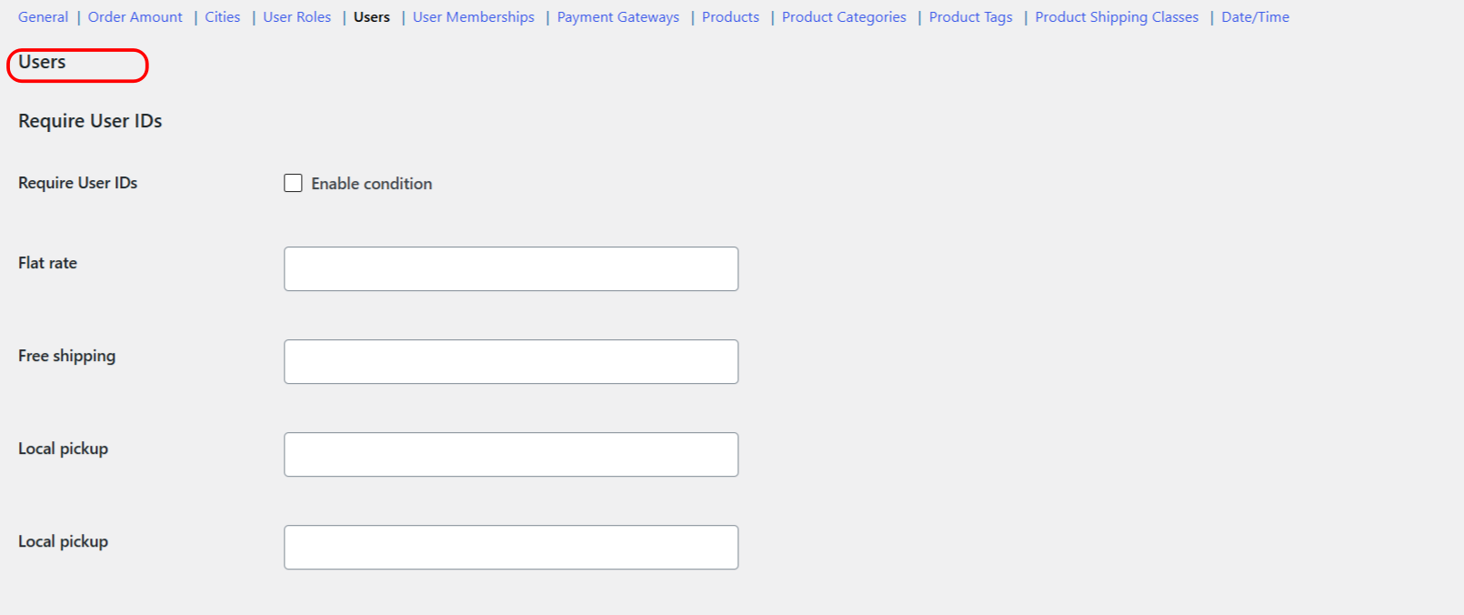 Require User IDs condition settings in Conditional Shipping for WooCommerce