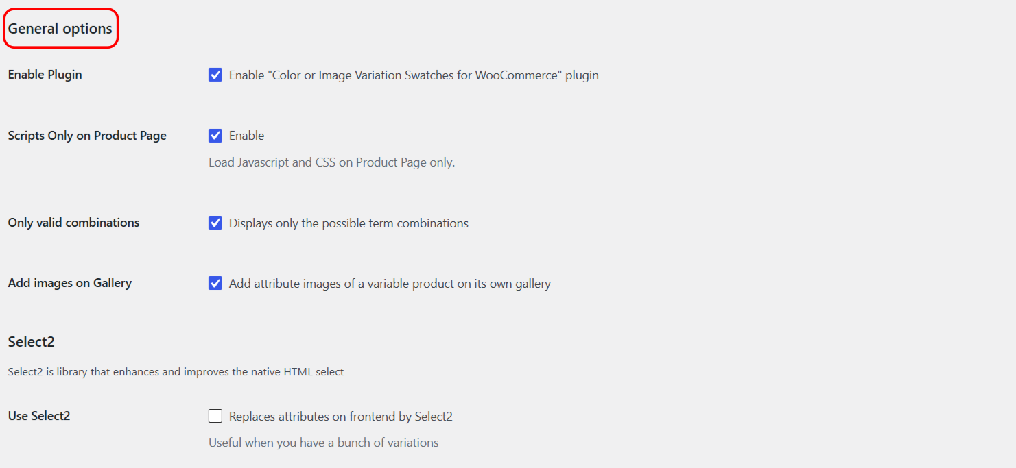 Variation Swatches general options screen under WooCommerce Settings