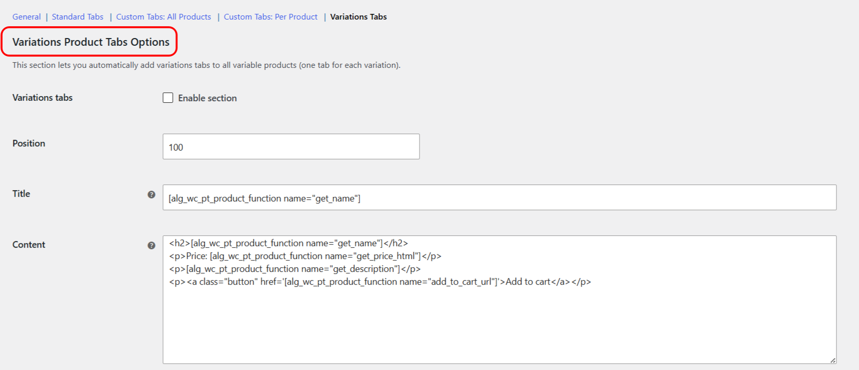 Variations Product Tabs Options with position, title and content settings