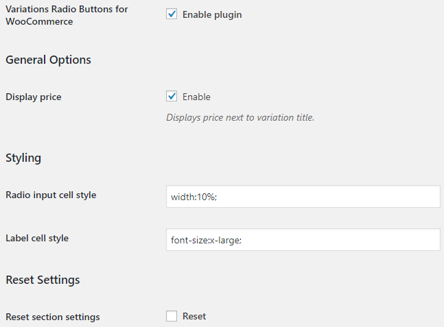 Variations Radio Buttons for WooCommerce - Options