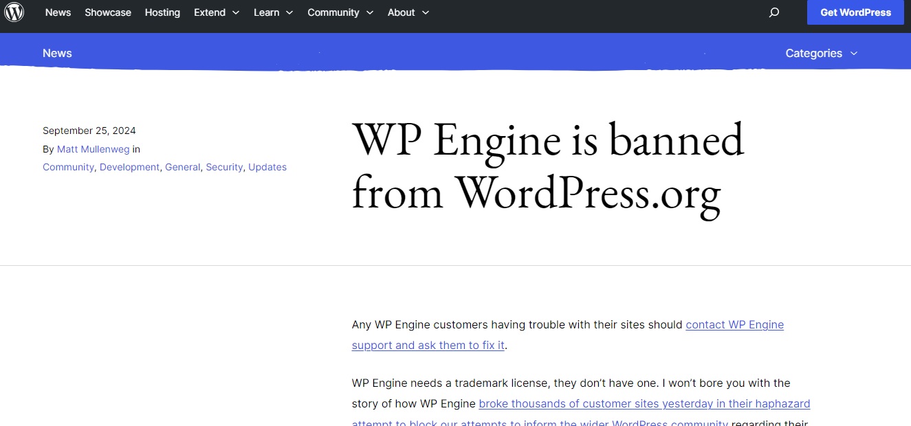 WP Engine is banned from WordPress.org