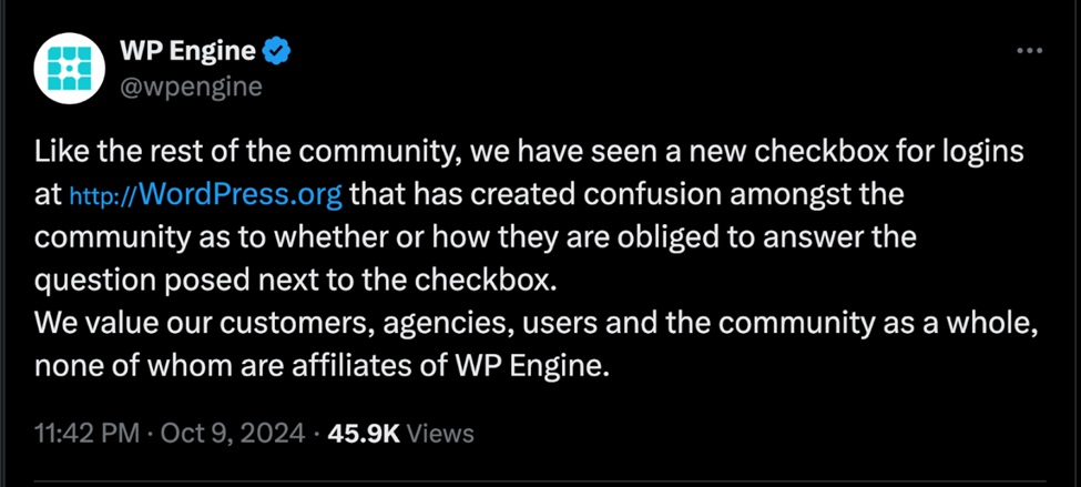 WP Engine Responds - I Am Not Affiliated with WP Engine