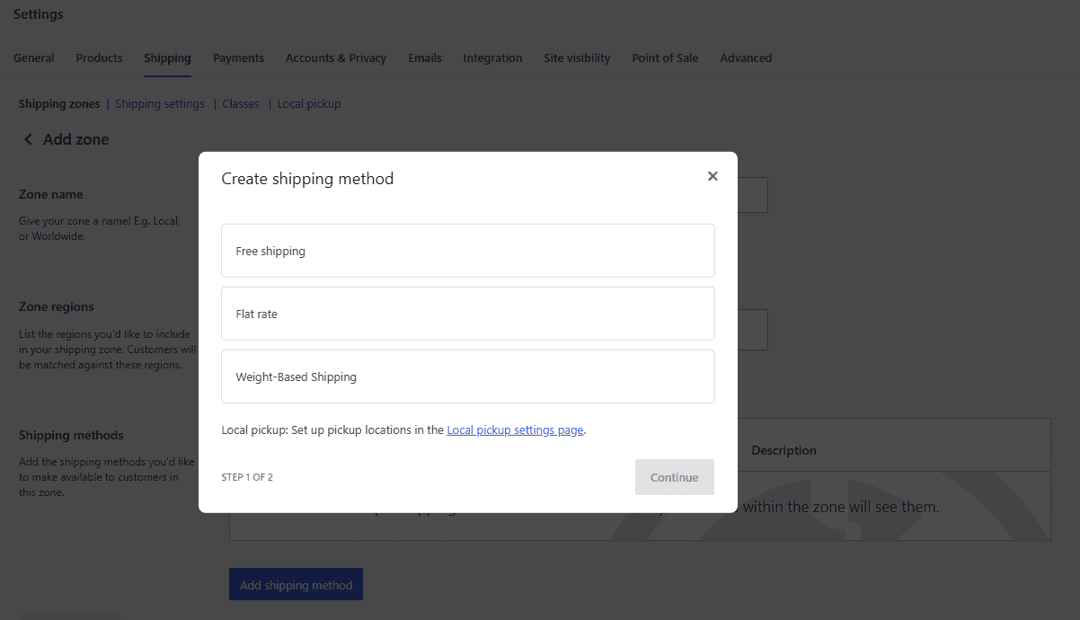 Create shipping method dialog with Weight-Based Shipping option