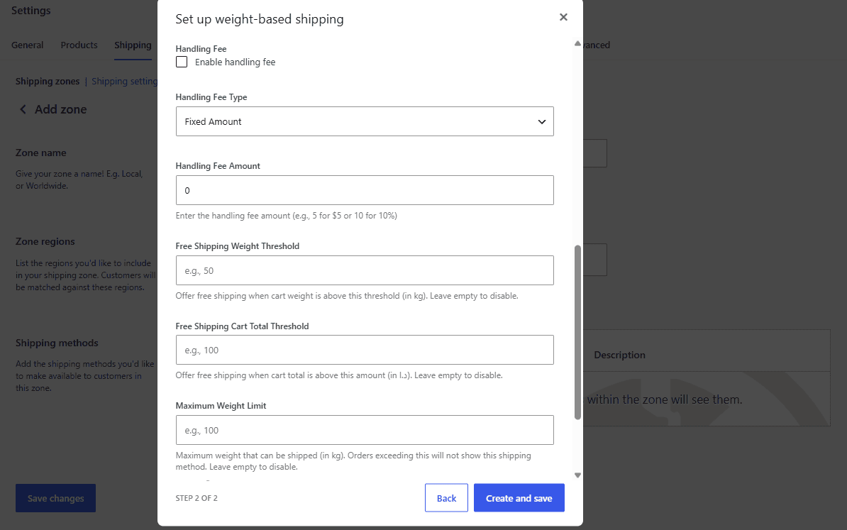 Handling fee, free shipping thresholds and maximum weight limit settings