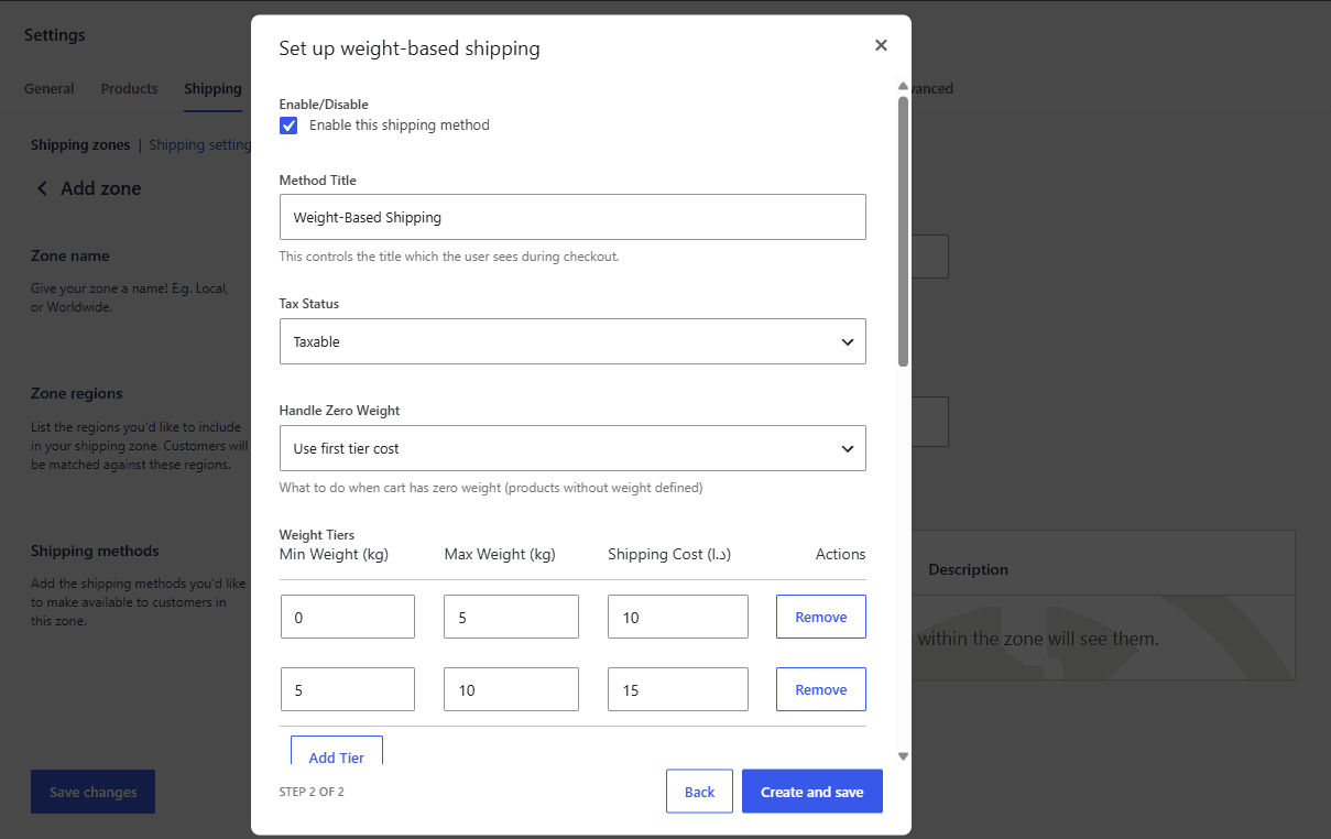 Method title, tax status, zero-weight handling and weight tier values
