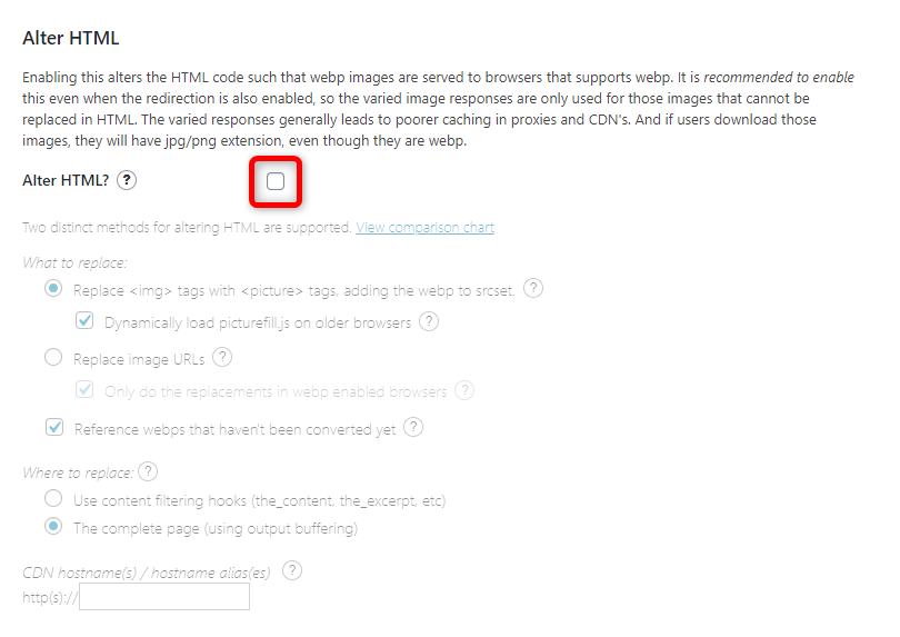 What Are WebP Images and How to Use Them in WordPress - WebP Express settings - Alter HTML