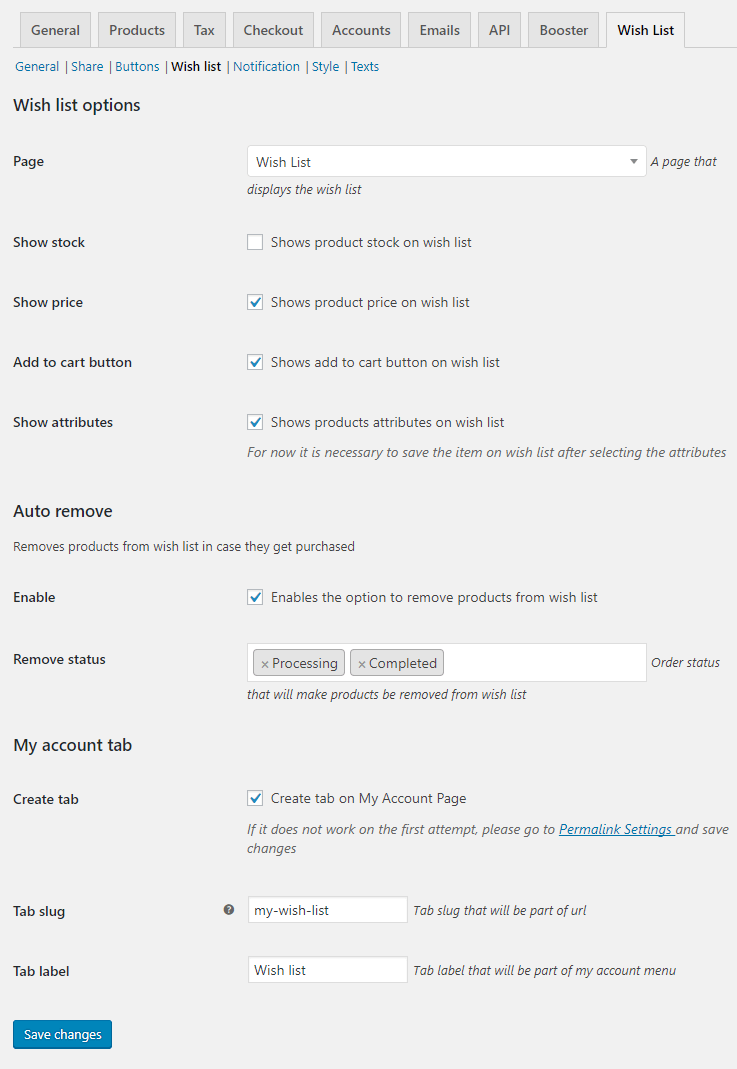 Wish List for WooCommerce - Admin Settings - Wish List