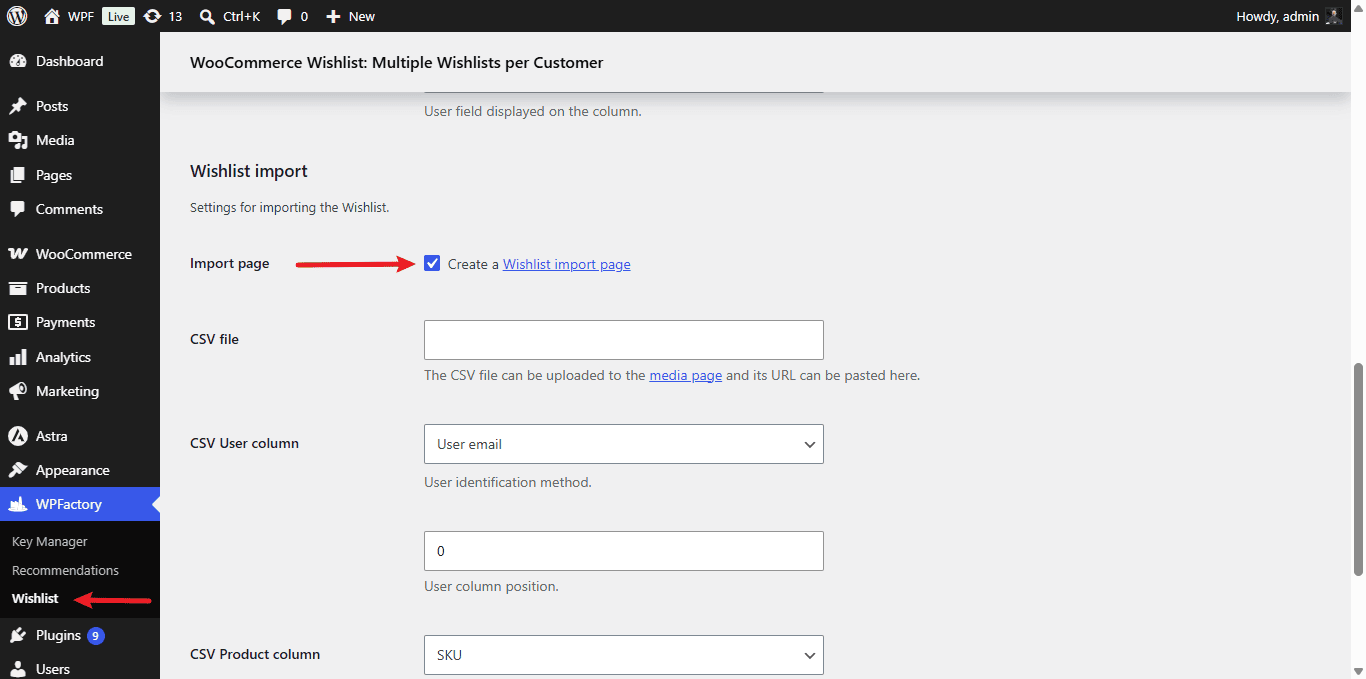 Wishlist import settings: import page, CSV file and column mapping