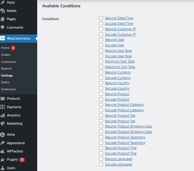 WooCommerce payment control - available conditions