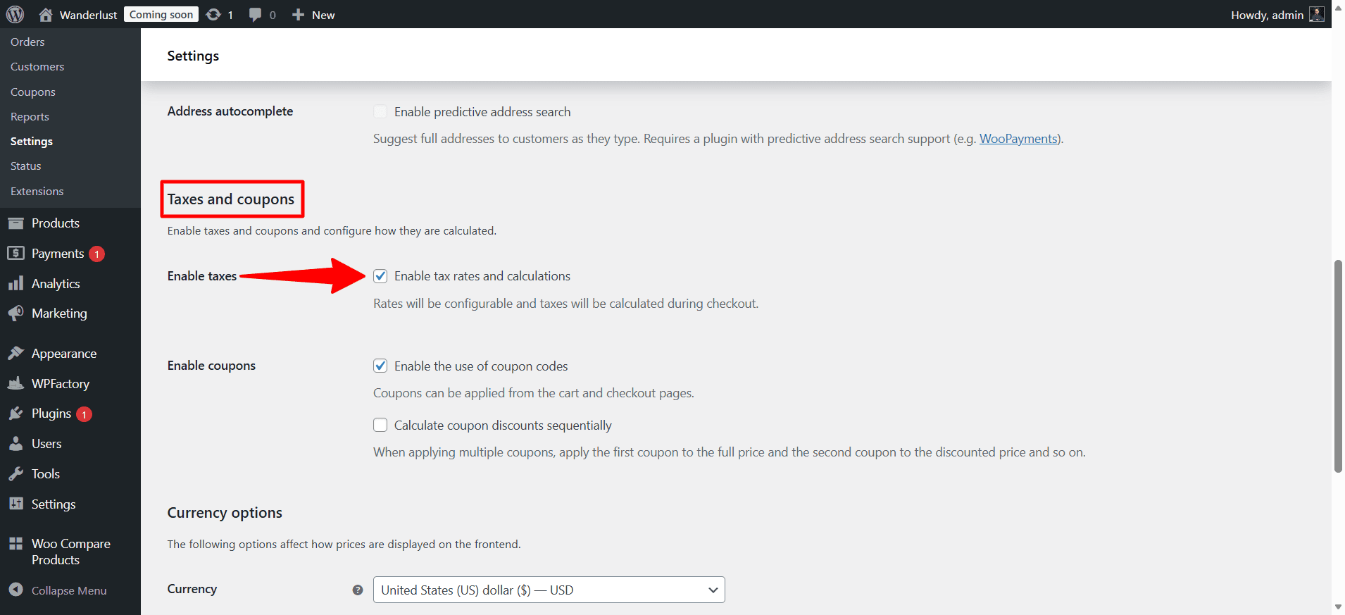 WooCommerce settings ‹ Wanderlust — WordPress 1