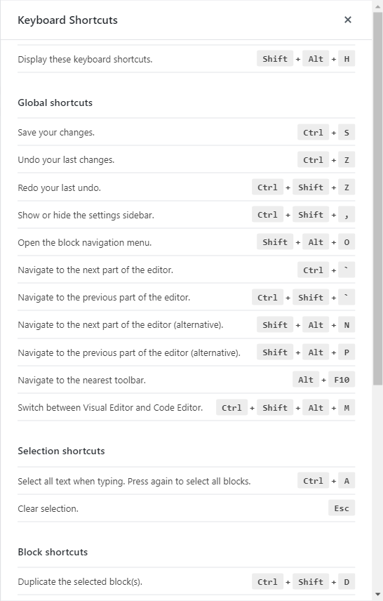 WordPress Gutenberg Editor - Keyboard shortcuts