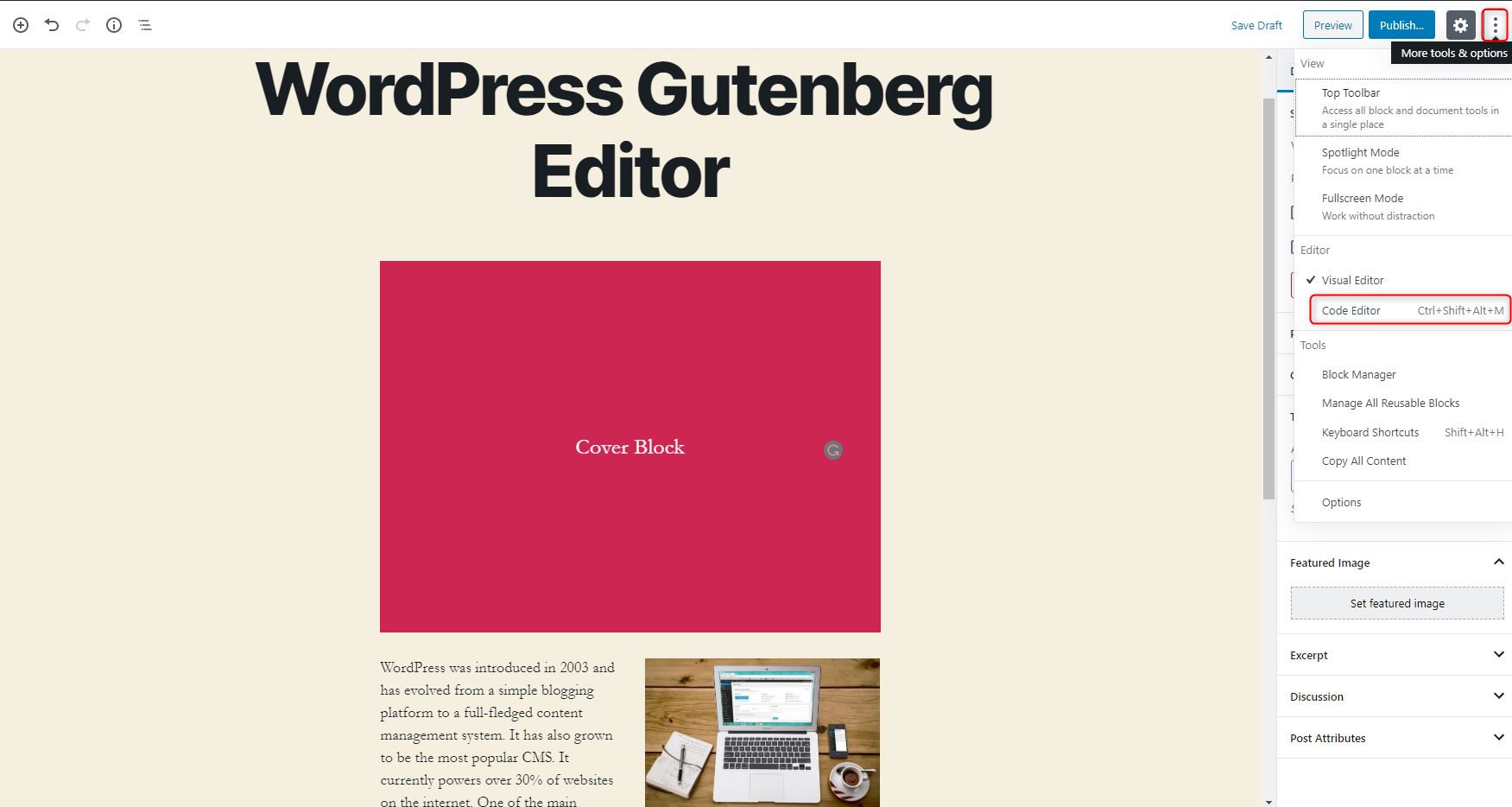 WordPress Gutenberg Editor - Switching to the code editor