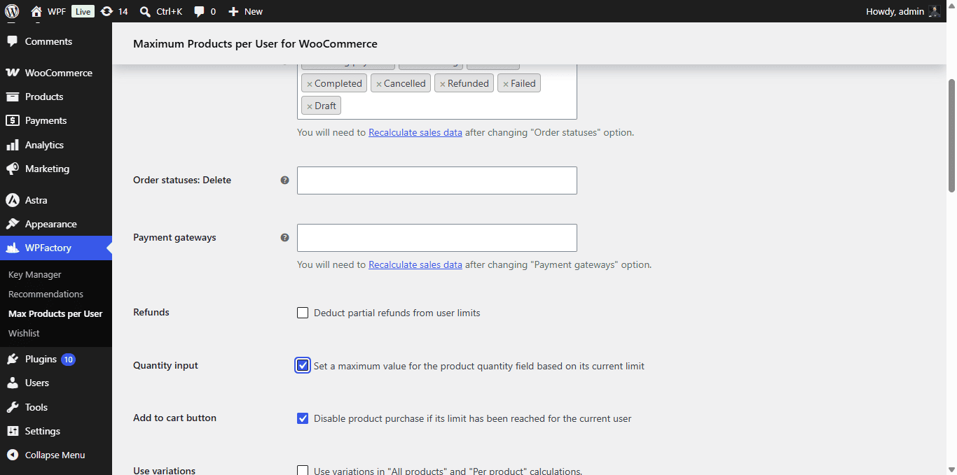 Quantity input and Add to cart button options in the Maximum Products per User General section
