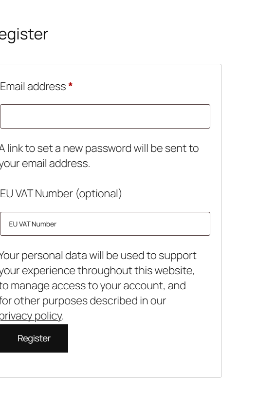 WooCommerce registration form showing the EU VAT Number field