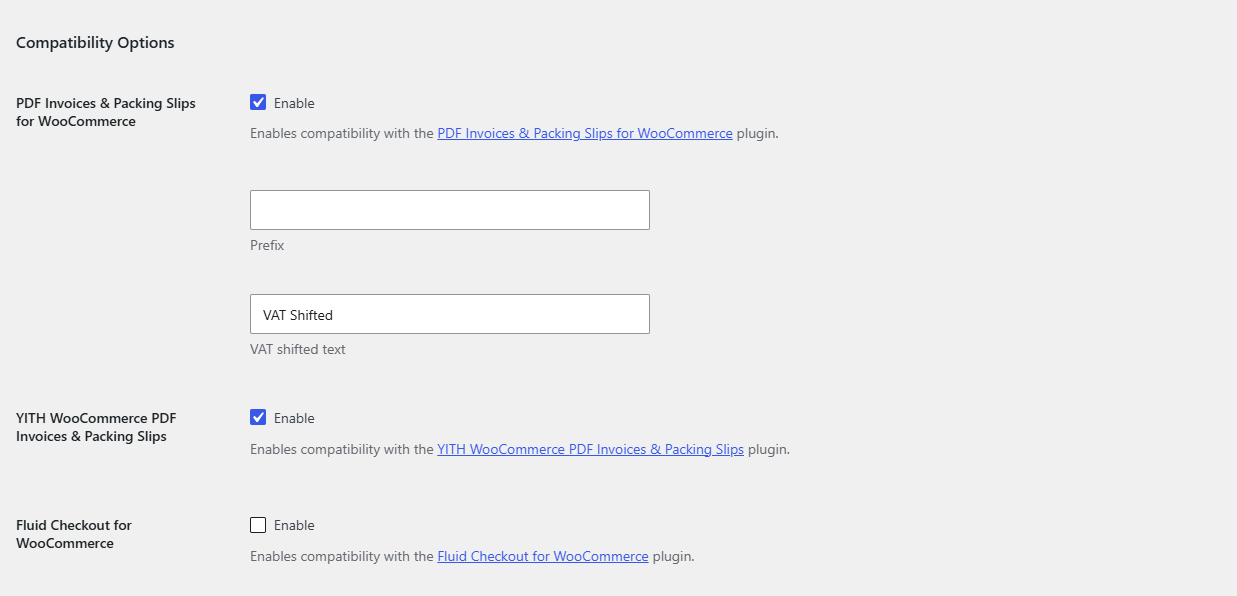 Compatibility sub-tab showing the PDF invoice integration toggles