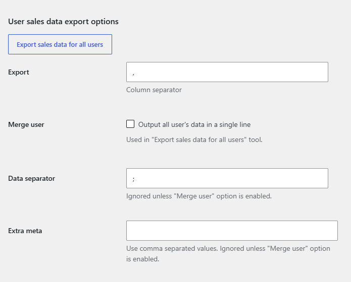 Admin section, User sales data export options
