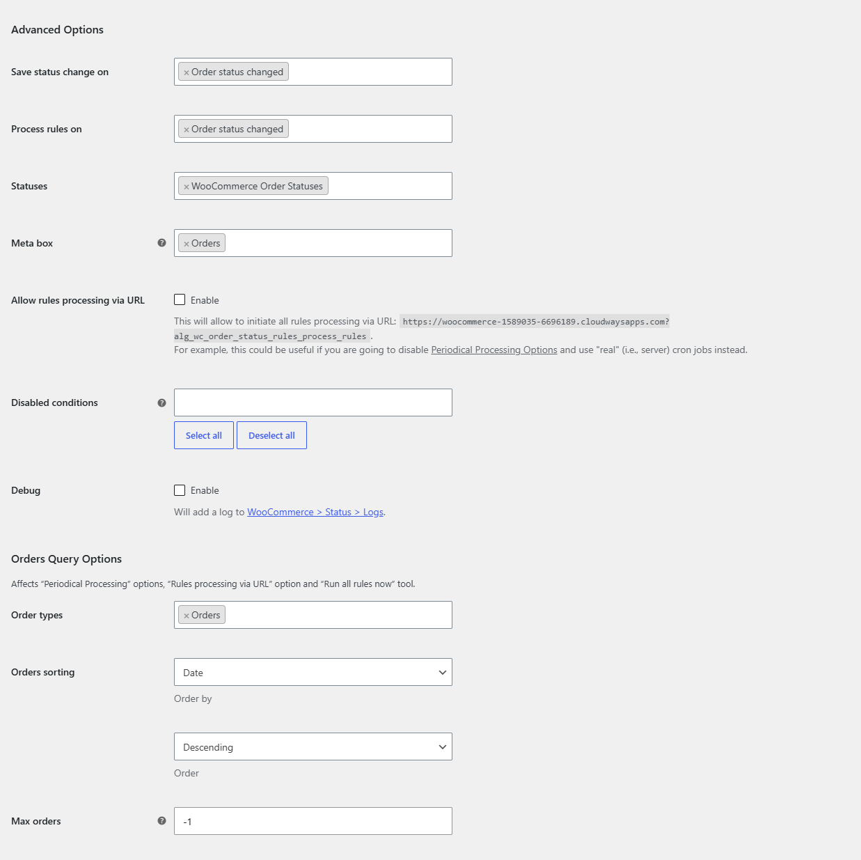 Advanced section of Order Status Rules settings