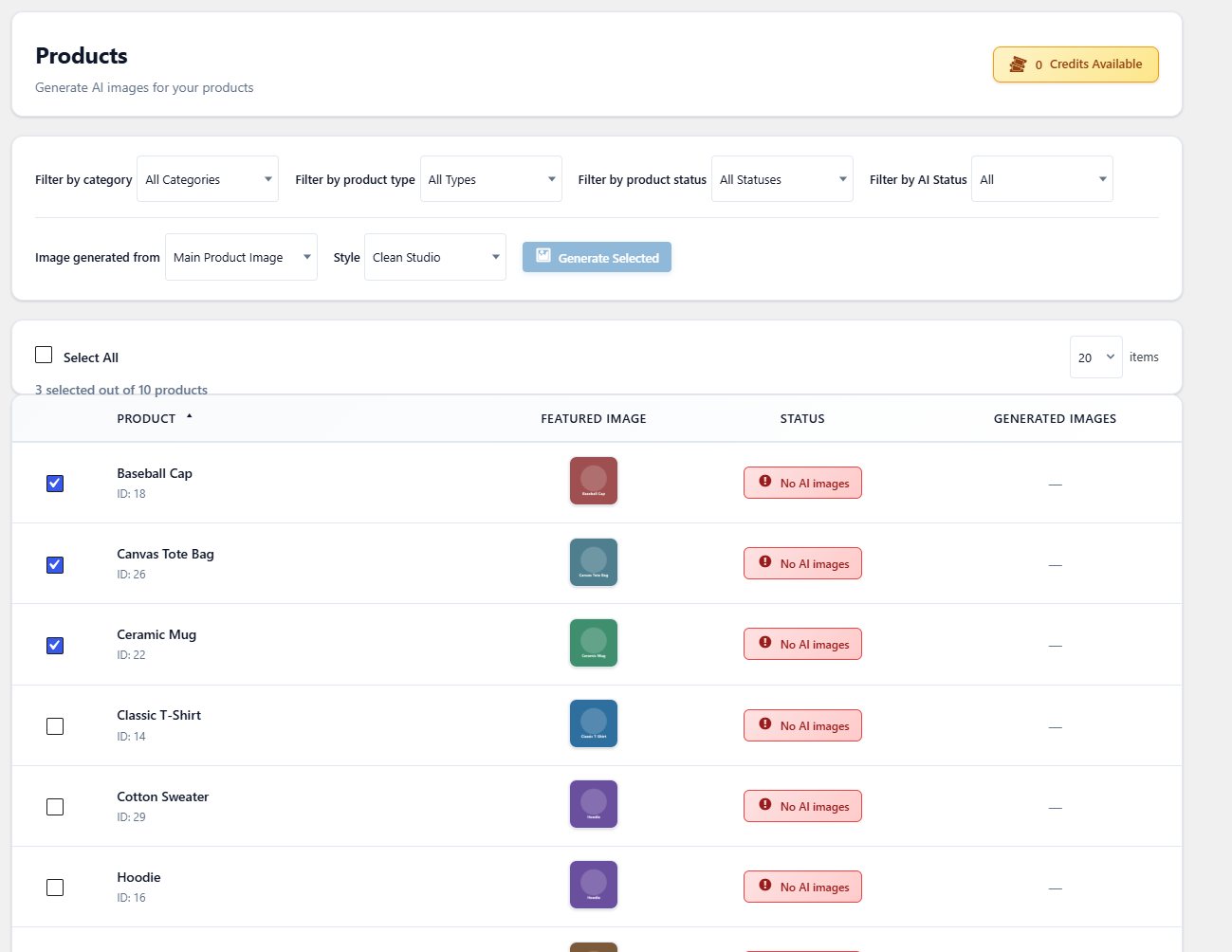 AI Images, Generate Images with filters, product list checkboxes, Image generated from and Style dropdowns and the Gener