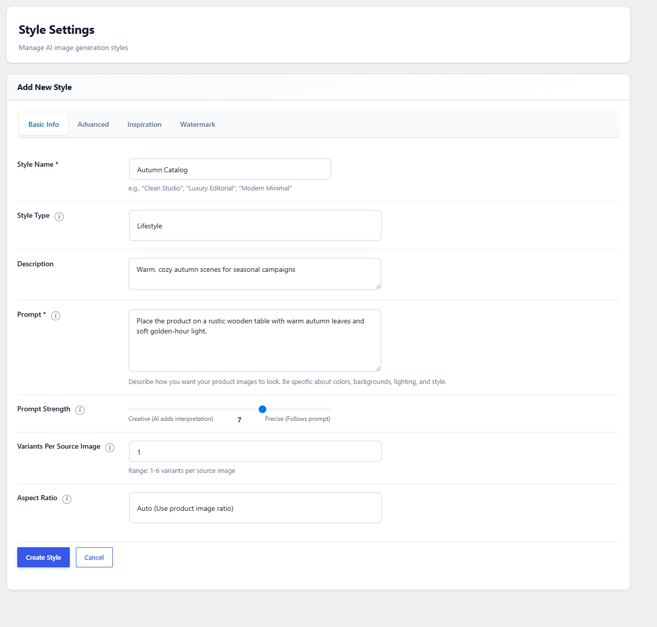 AI Images, Styles, Add New Style form on the Basic Info tab