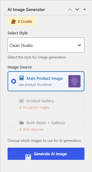 product edit screen sidebar with the AI Image Generator box, Select Style dropdown and Image Source options