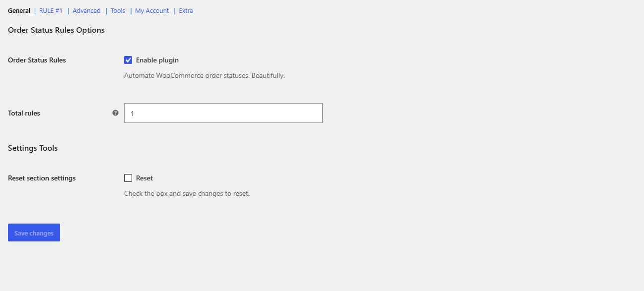 WPFactory / Order Status Rules settings, General section (no valid hosted screenshot of this plugin is available; the su