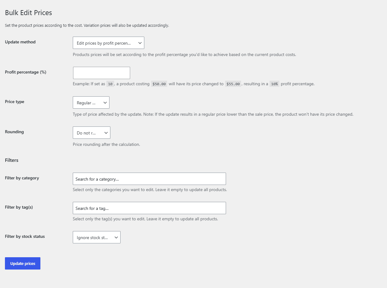 Tools / Bulk Edit Prices screen showing the method dropdown and the product list