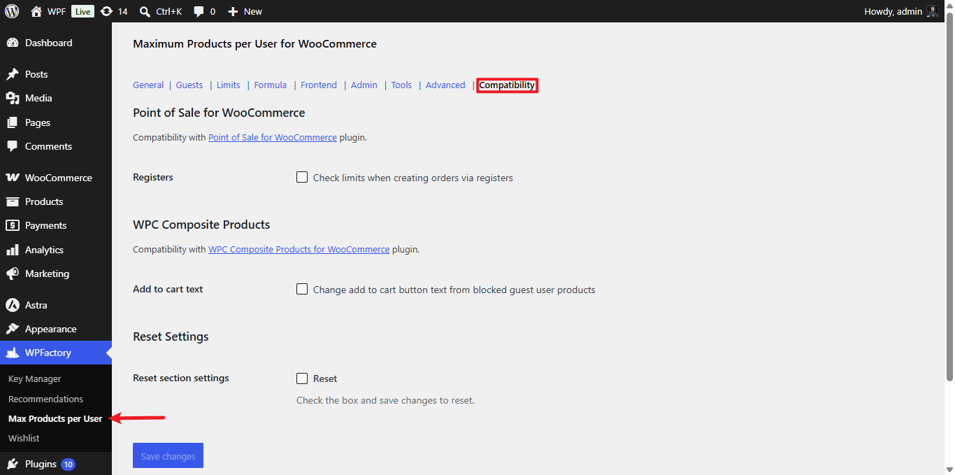 Compatibility tab of Maximum Products per User: Point of Sale registers, WPC Composite Products and reset