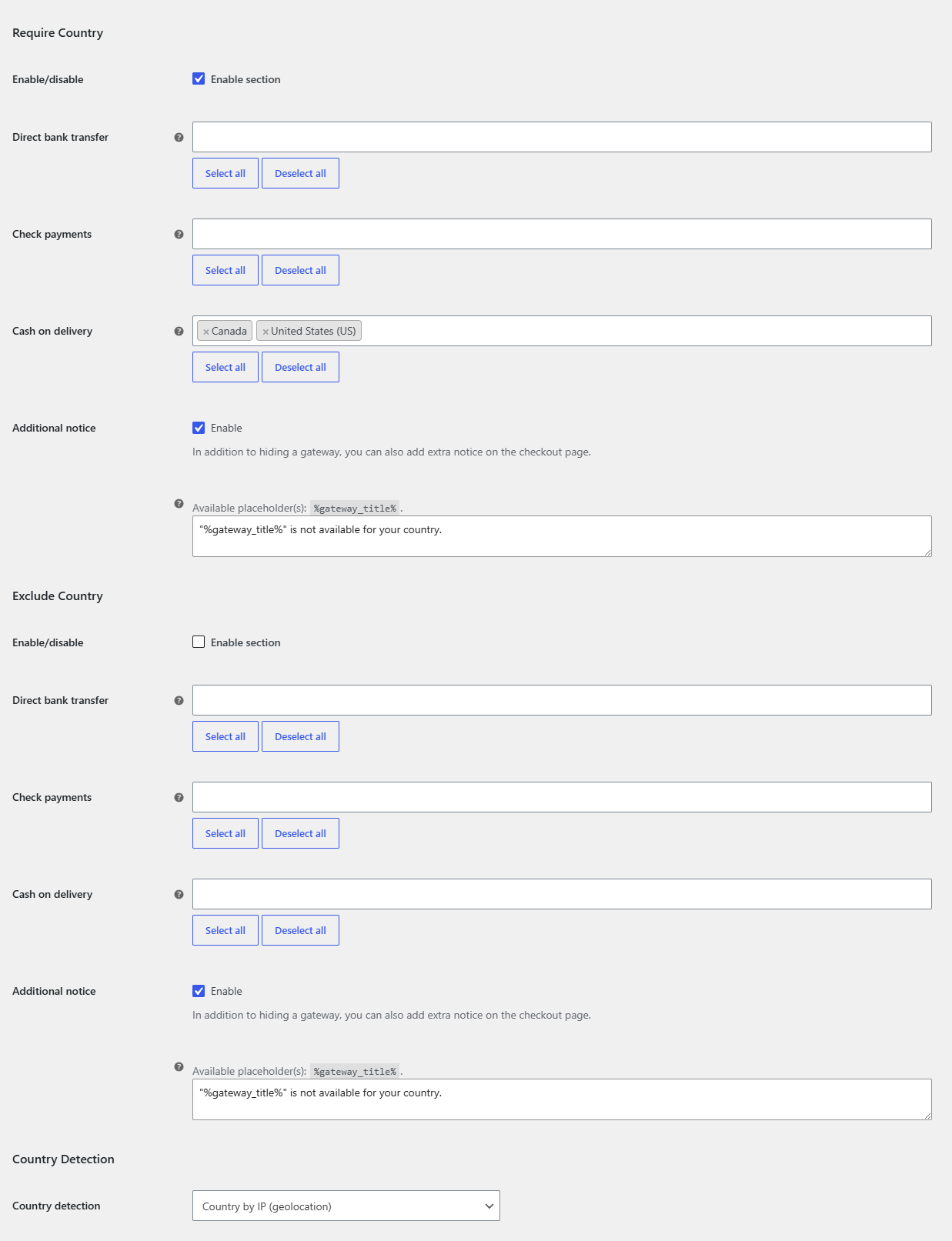 Country section with Require Country enabled, countries selected for Cash on delivery, and the Country Detection dropdow