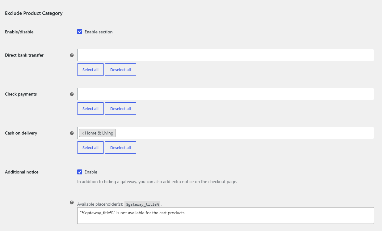 Product Category section with Exclude Product Category enabled and a category selected next to Cash on delivery