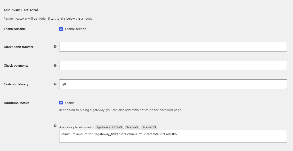 Cart Total section with Minimum Cart Total enabled and an amount entered for Cash on delivery