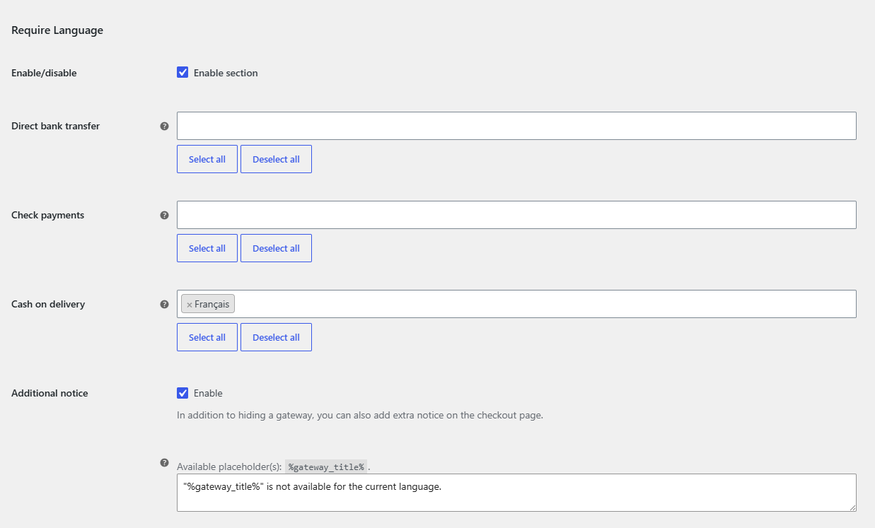 Language section with Require Language enabled and a language selected next to Cash on delivery