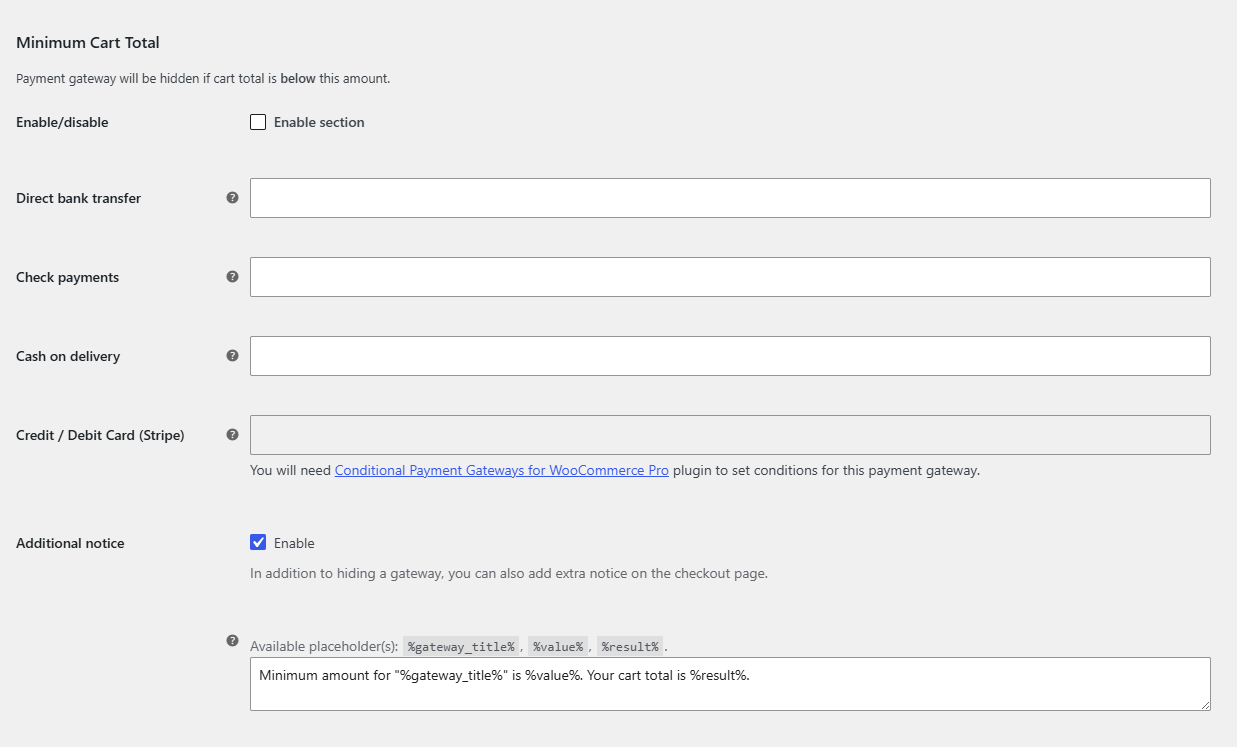 A condition section in the free version showing an editable Cash on delivery field and a read-only third-party gateway f